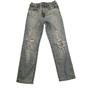 Uniqlo Jeans women Blue Denim Straight Leg Slim Fit Low‎ Rise Thrashed size 11